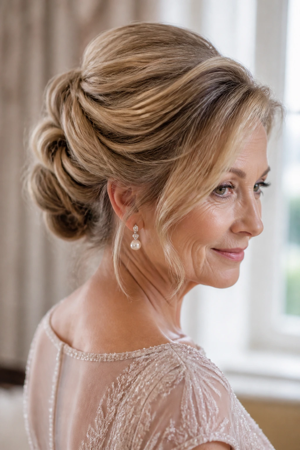 Close-up of a real woman with a veil-friendly soft roll-updo in a bridal room