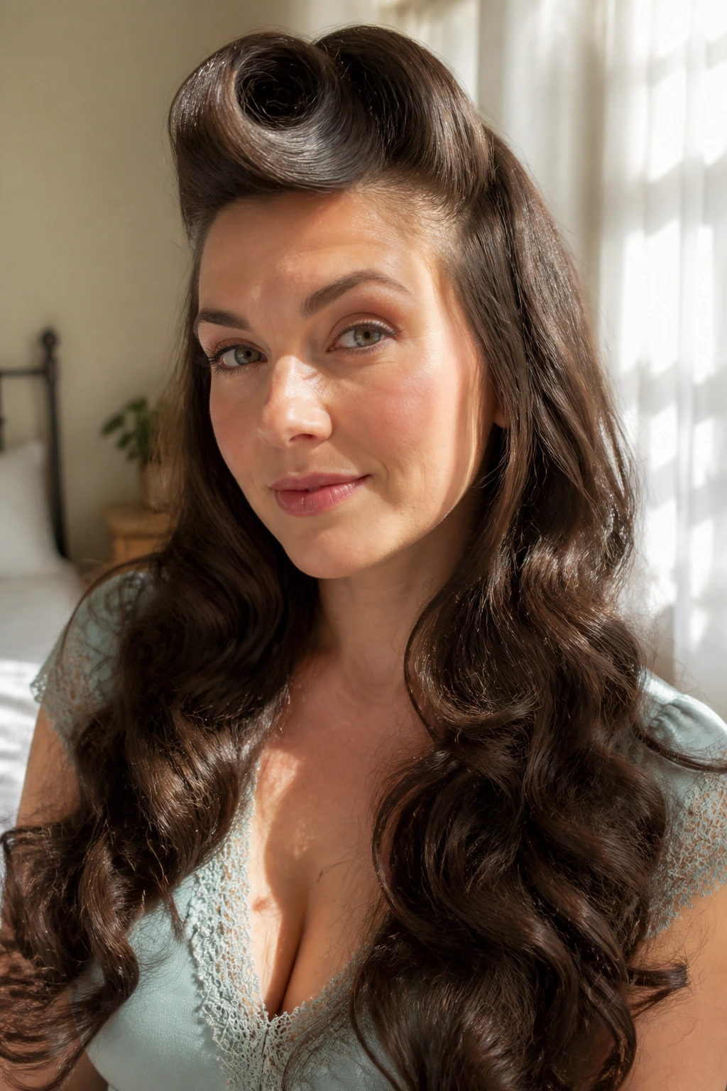 Close-up portrait of a real person with rolled bangs and long curls