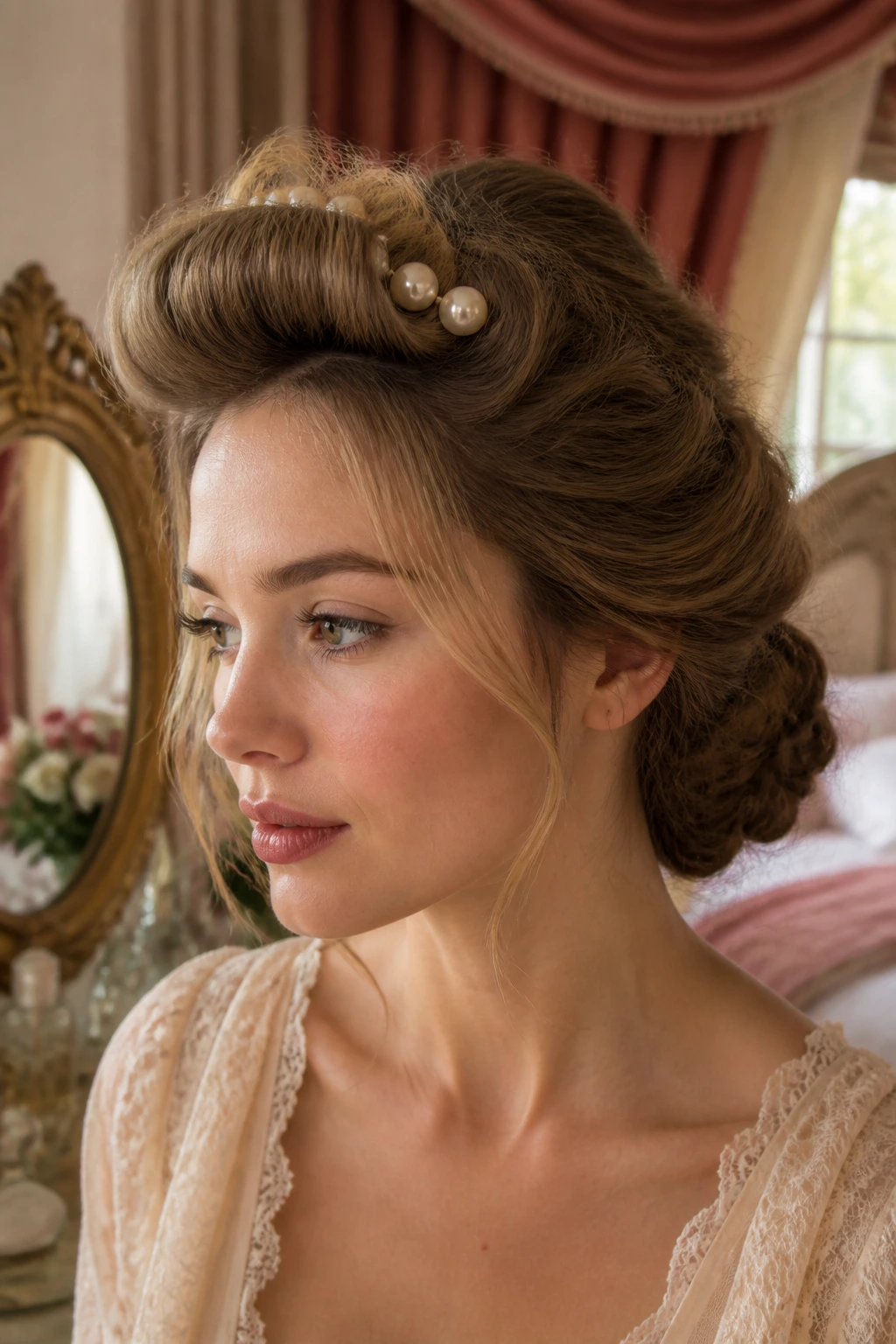Close-up of Rolled Fringe Updo with Pearls on a real person, soft brow-framing roll with pearl pins.