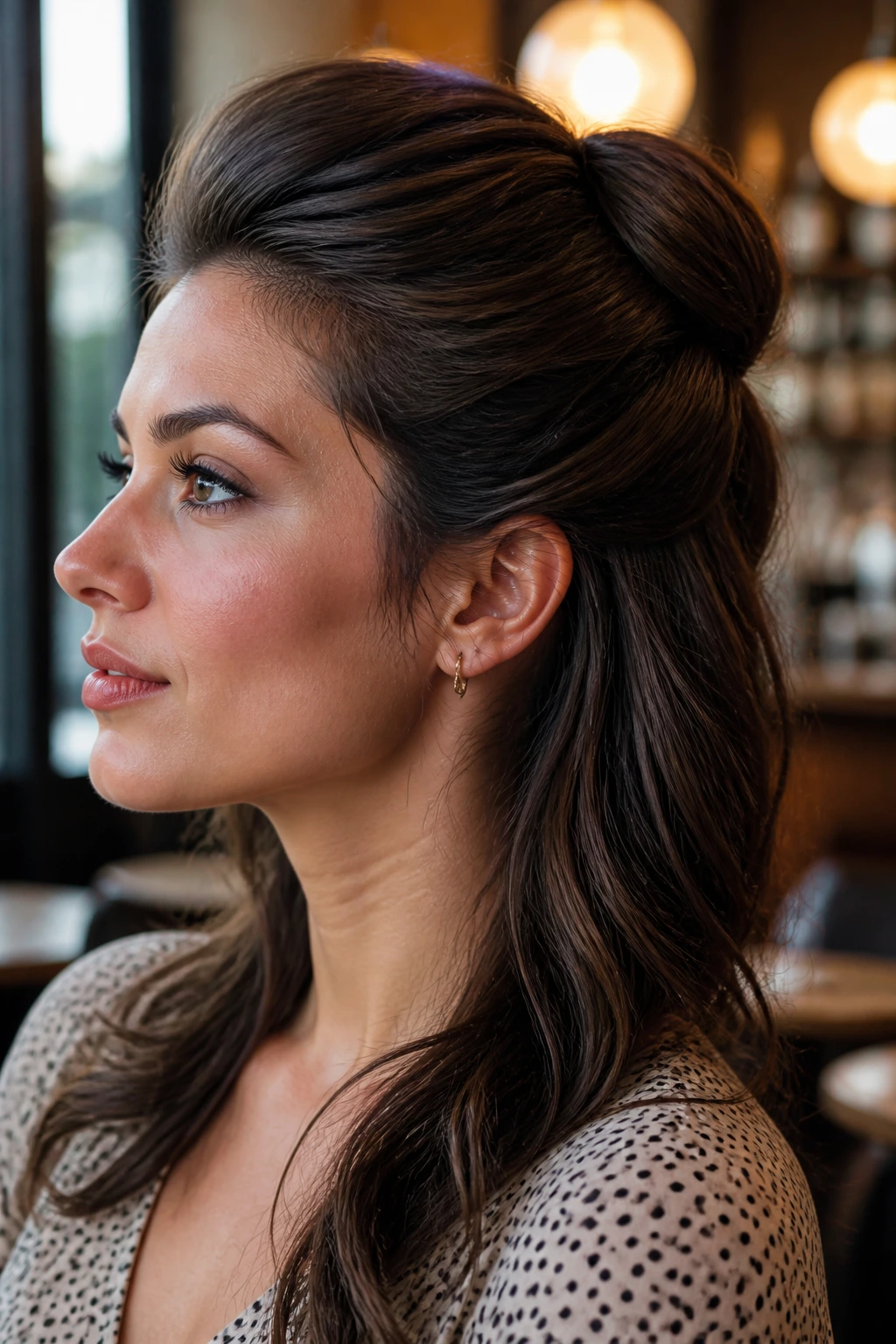 Close-up of a real person with a rolled half-up bouffant hairstyle.