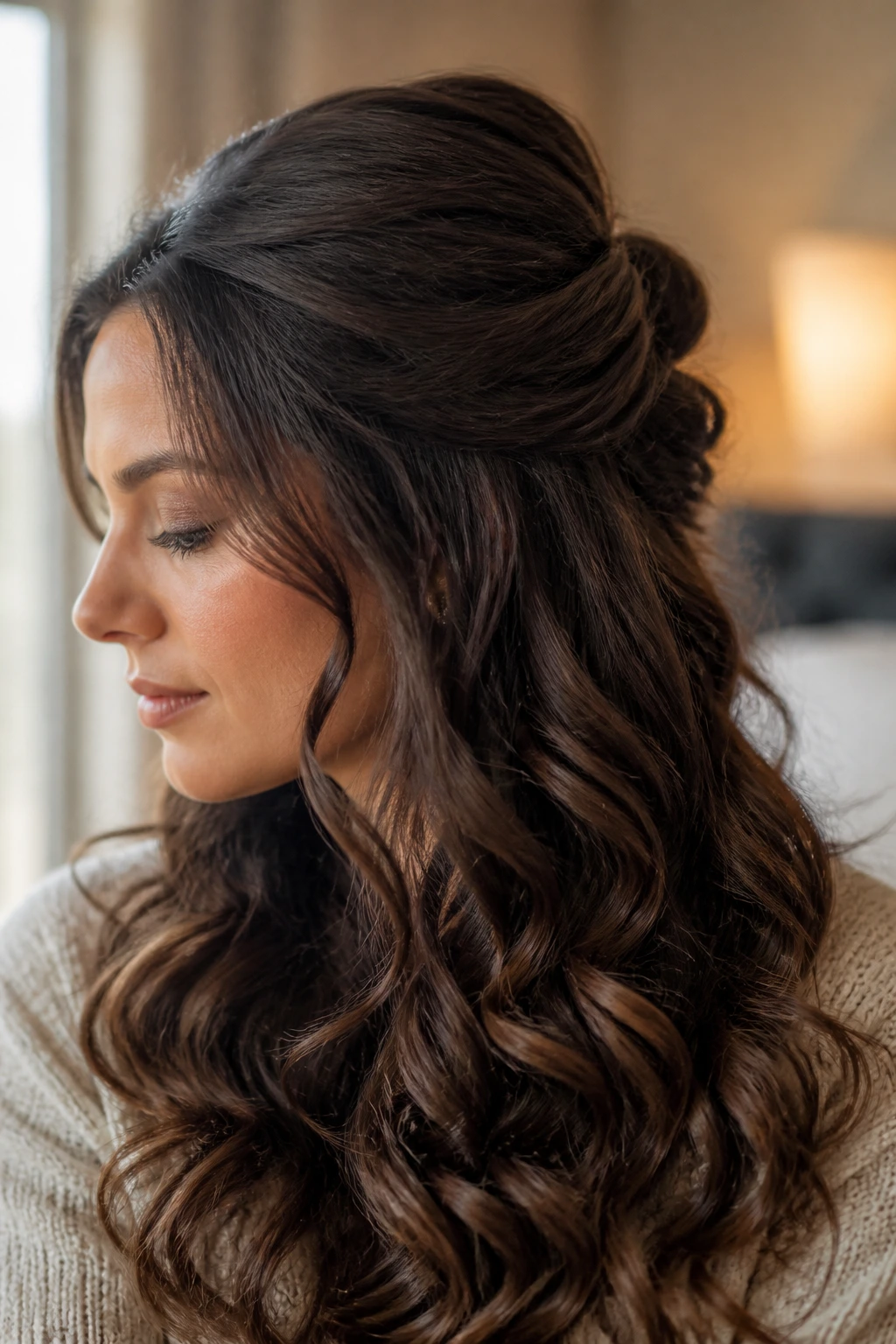 Close-up of a real woman with rolled half-up French twist and long curls in warm window light