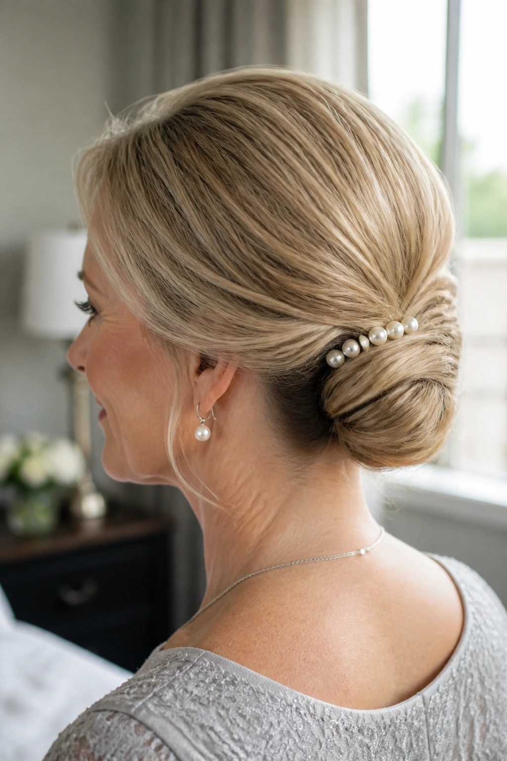 Close-up of a woman with Rolled Low Knot at the nape and pearl pins in soft natural light
