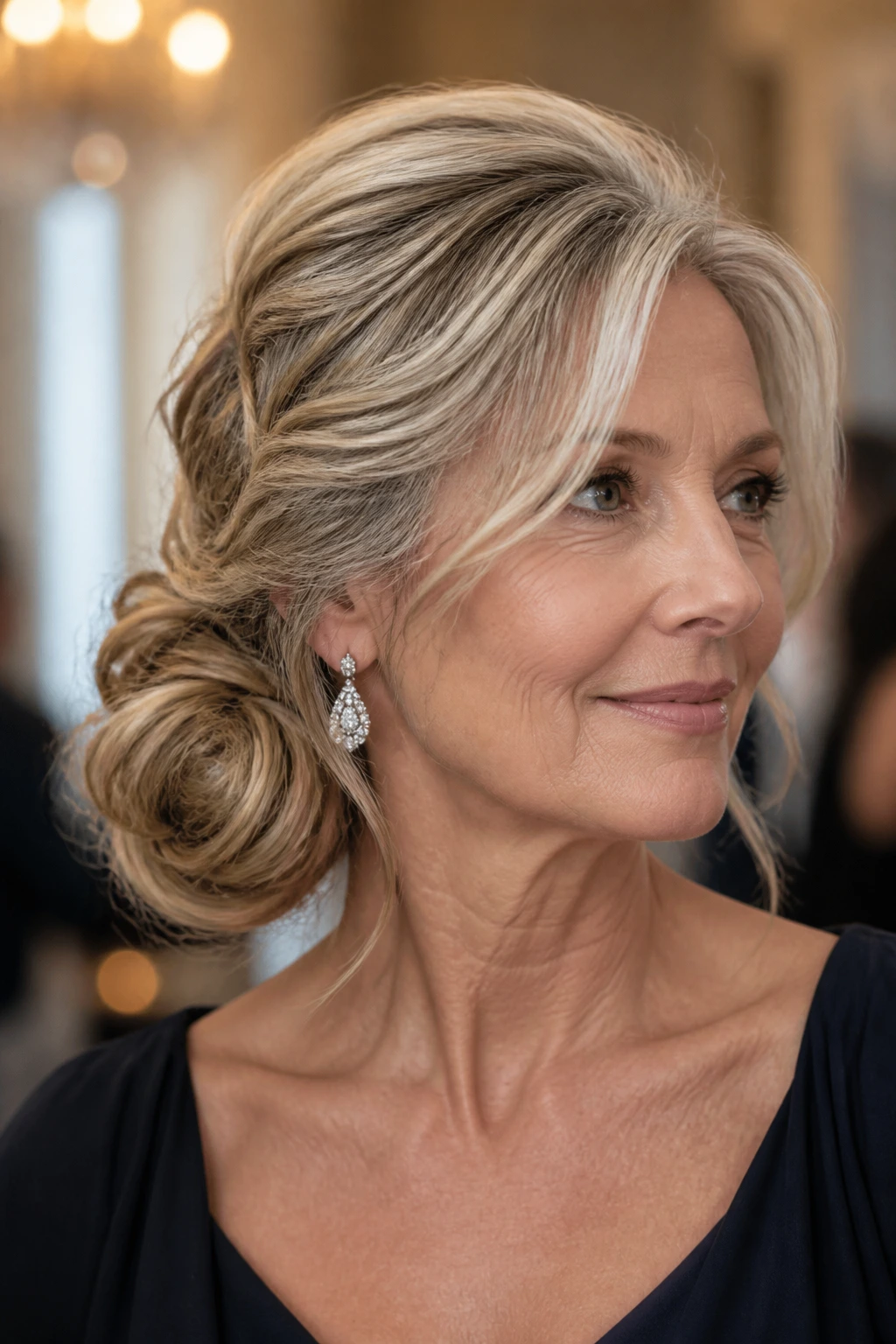 Close-up of a real woman with a rolled side bun and loose face-framing pieces
