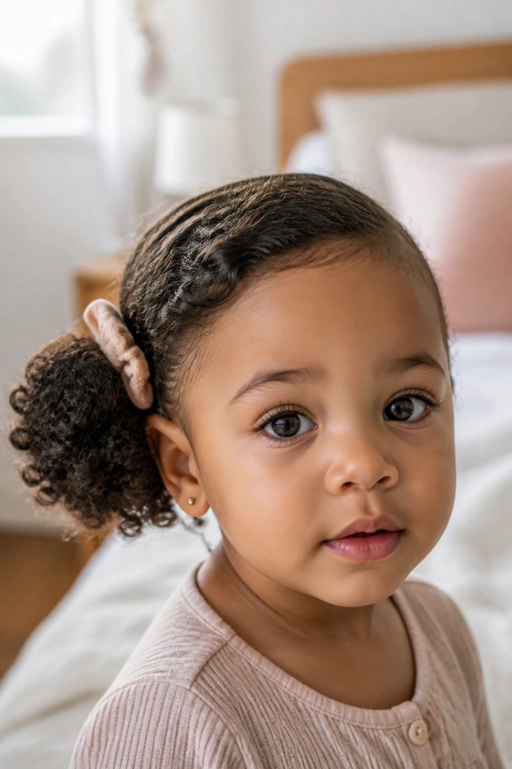 Close-up of a real toddler with a rolled side puff hairstyle in a cozy bedroom