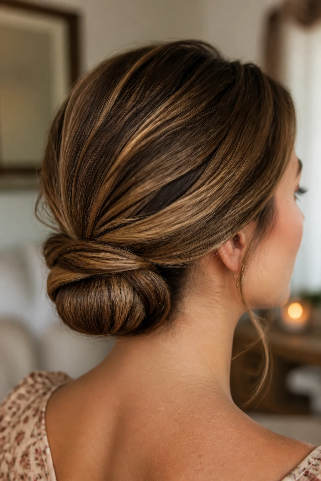 Close-up of a real woman with a rolled tuck bun