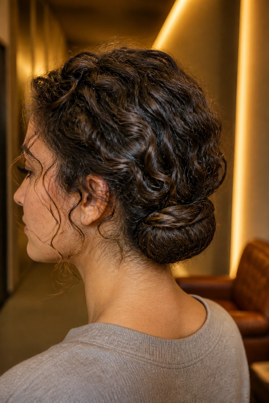 Close-up of a real woman with a rolled tuck bun at the neck.