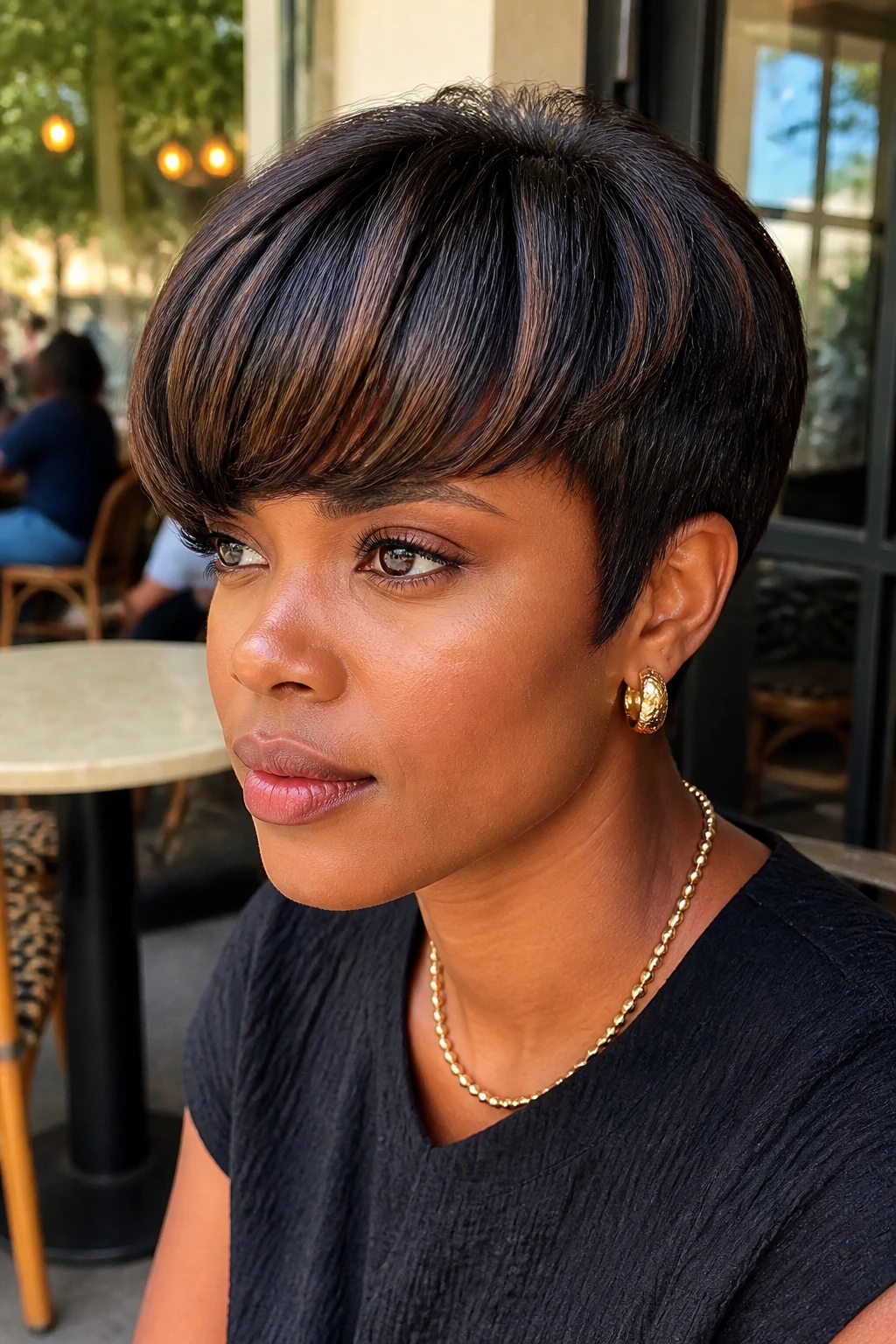 Close-up of a real woman with rolled-under bangs and chocolate lowlights in short natural hair