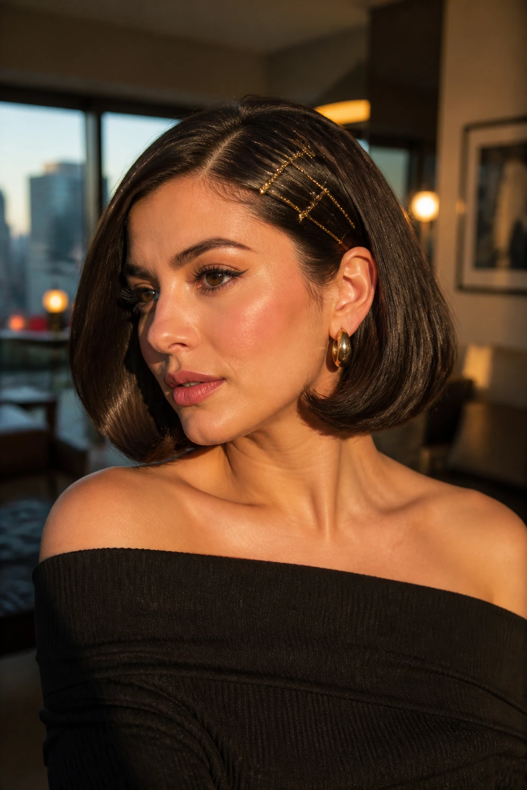 Close-up of a real woman with a rolled-under bob and a row of barrettes along the side.