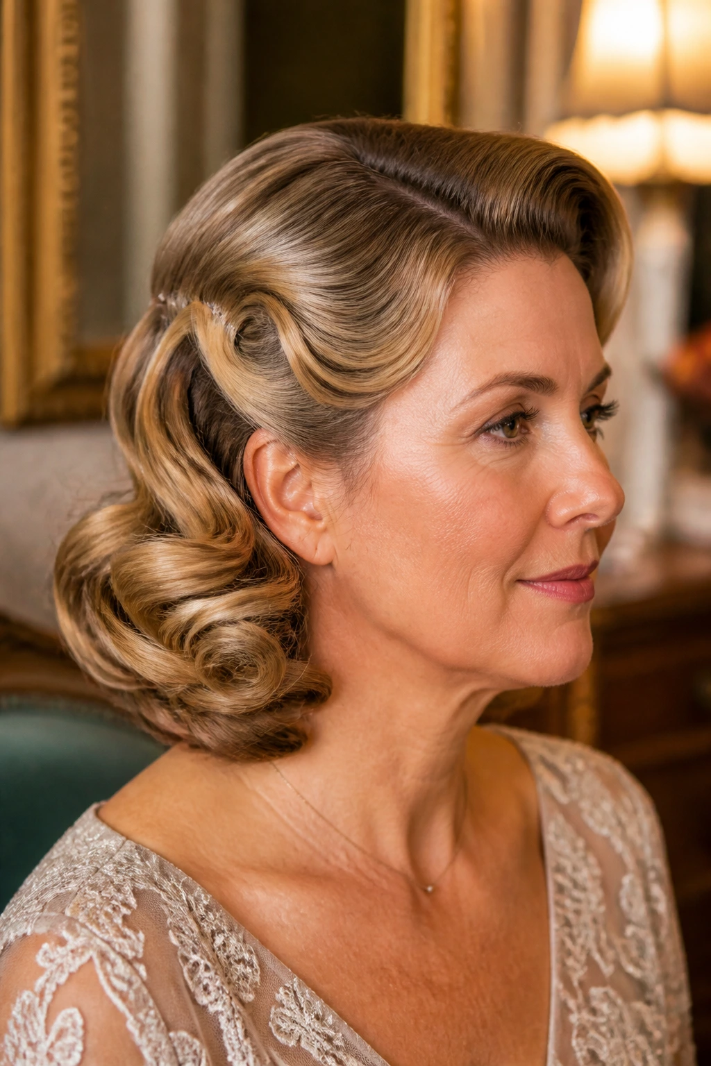 Real woman with rolled vintage waves at shoulder length