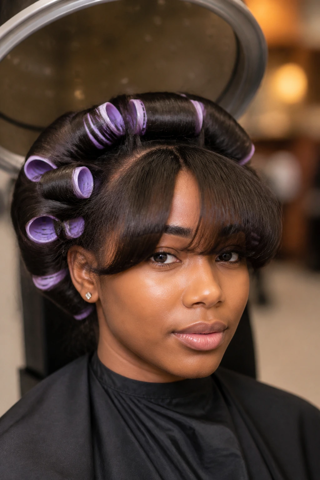 Real woman with roller-set bangs showing root lift and a soft bend.