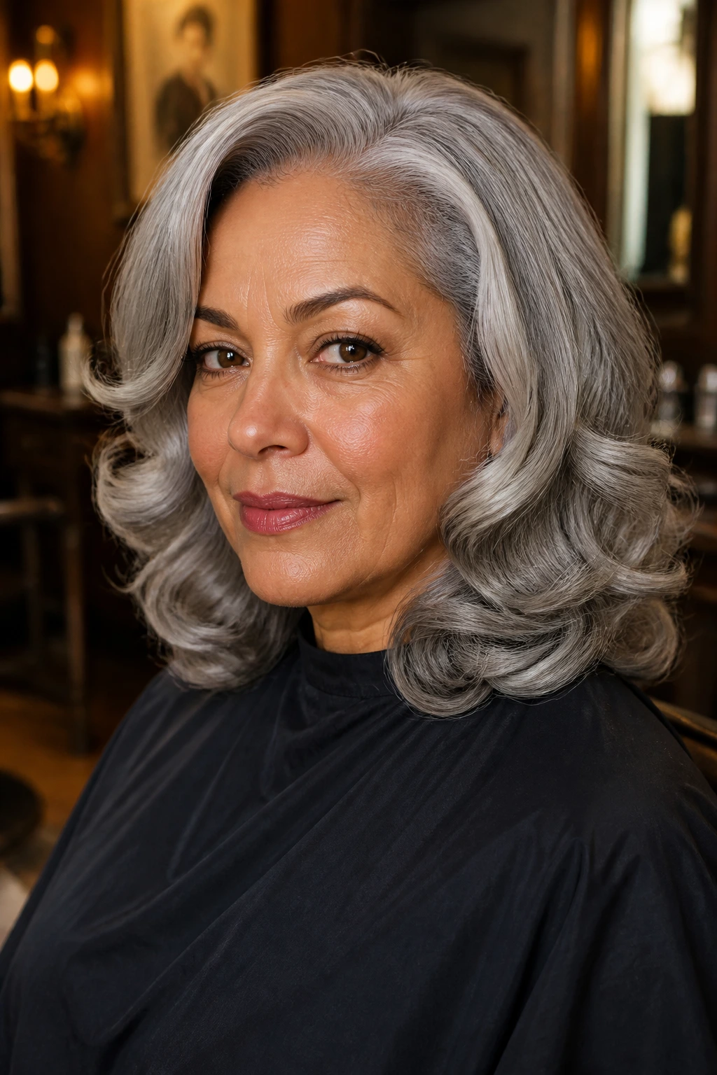 Portrait of a real woman with shoulder-length gray roller-set curls in a warm salon