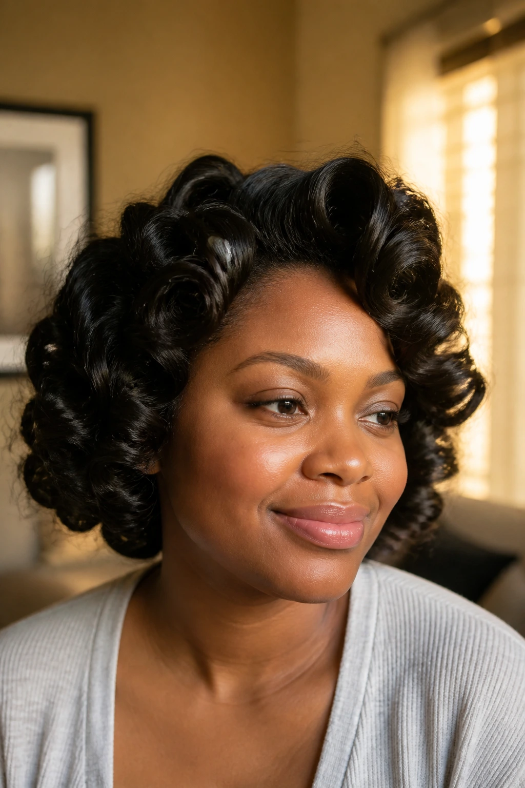 Close-up of a real woman with a medium-length roller-set hairstyle.