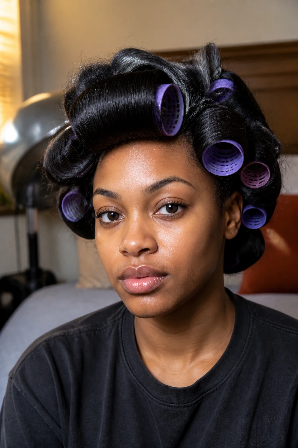 Close-up of a real Black woman with thick natural hair in a roller set, rollers visible and glossy curls