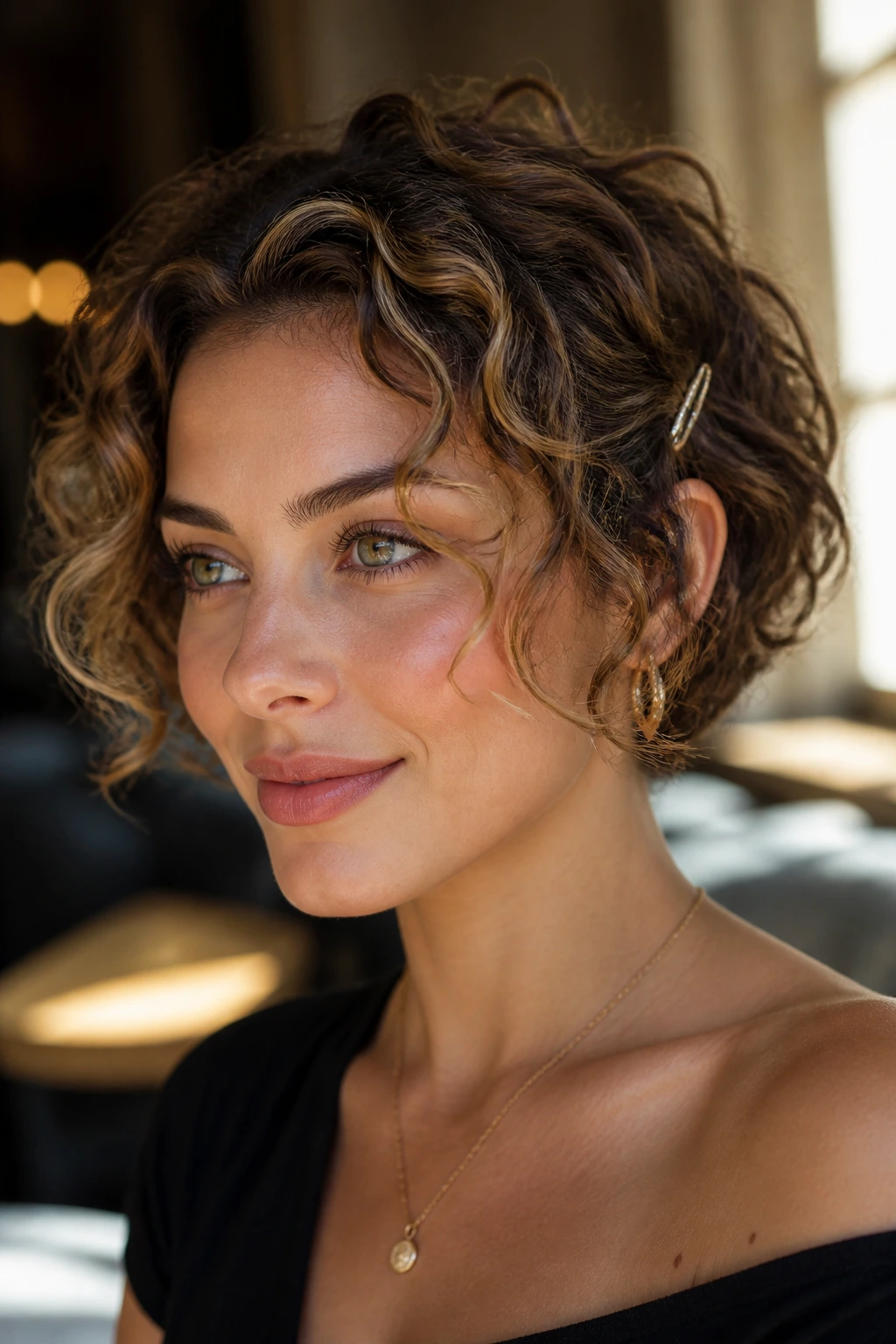 Pinned-back romance crop with loose face pieces and babylights catching light