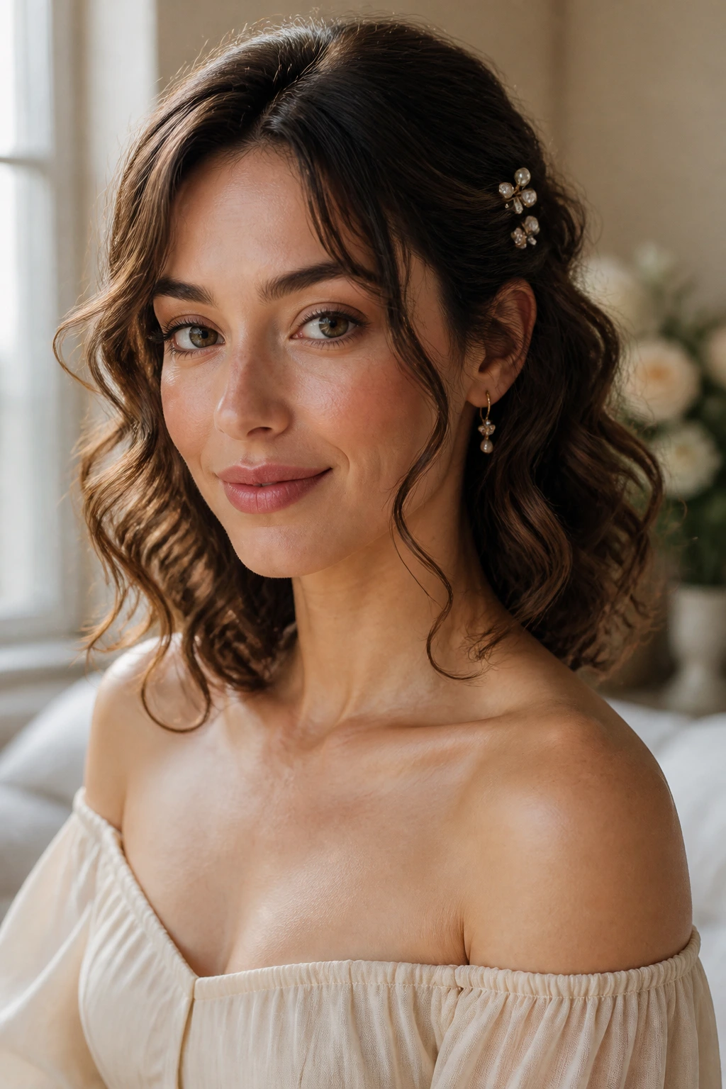 Close-up portrait of a woman with romantic curls framing her face, wearing an off-shoulder top and delicate earrings