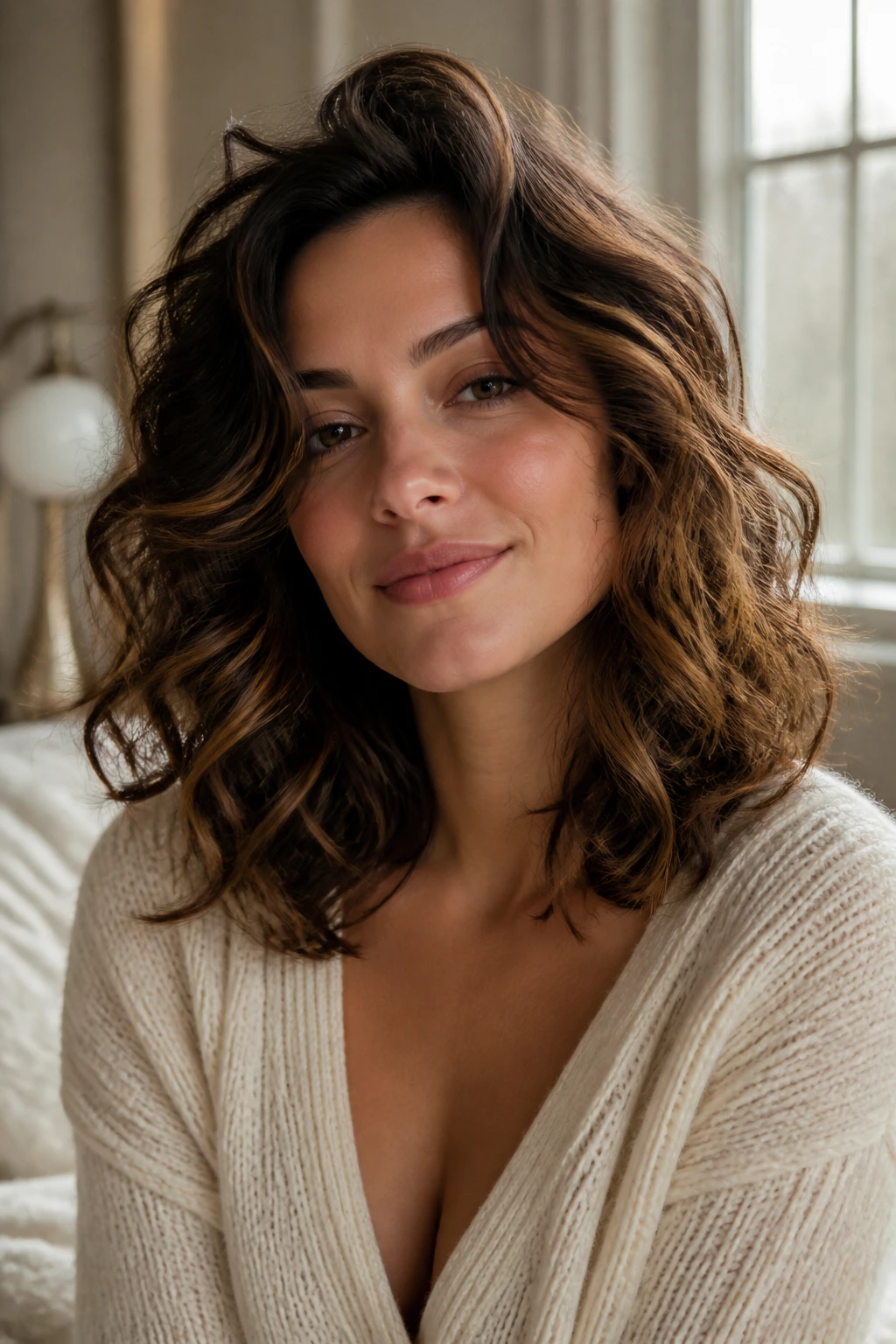 Close-up portrait of a real woman with romantic curls framing her cheeks in warm window light