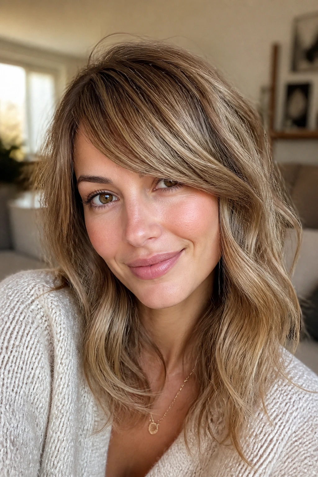 Close-up of a real woman with romantic side-swept bangs blending into waves.