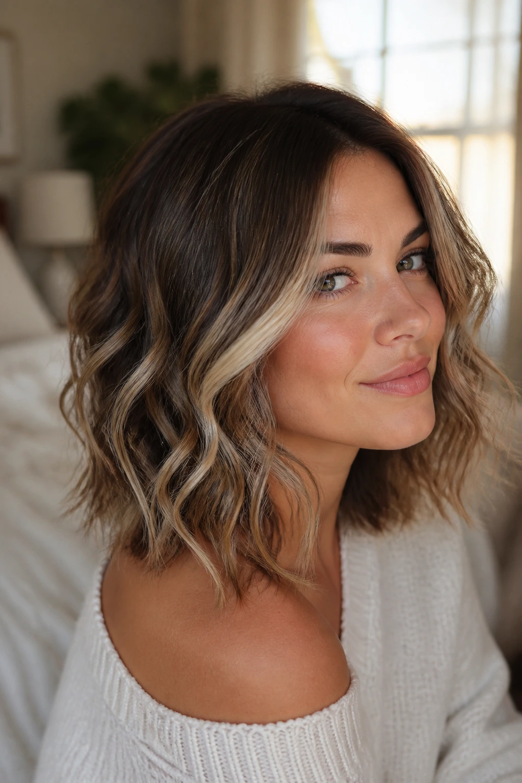 Close-up of a real woman with a romantic lob and loose spiral waves