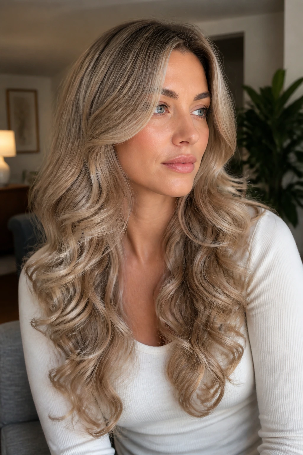 Close-up of a real person with romantic long curls and micro layers