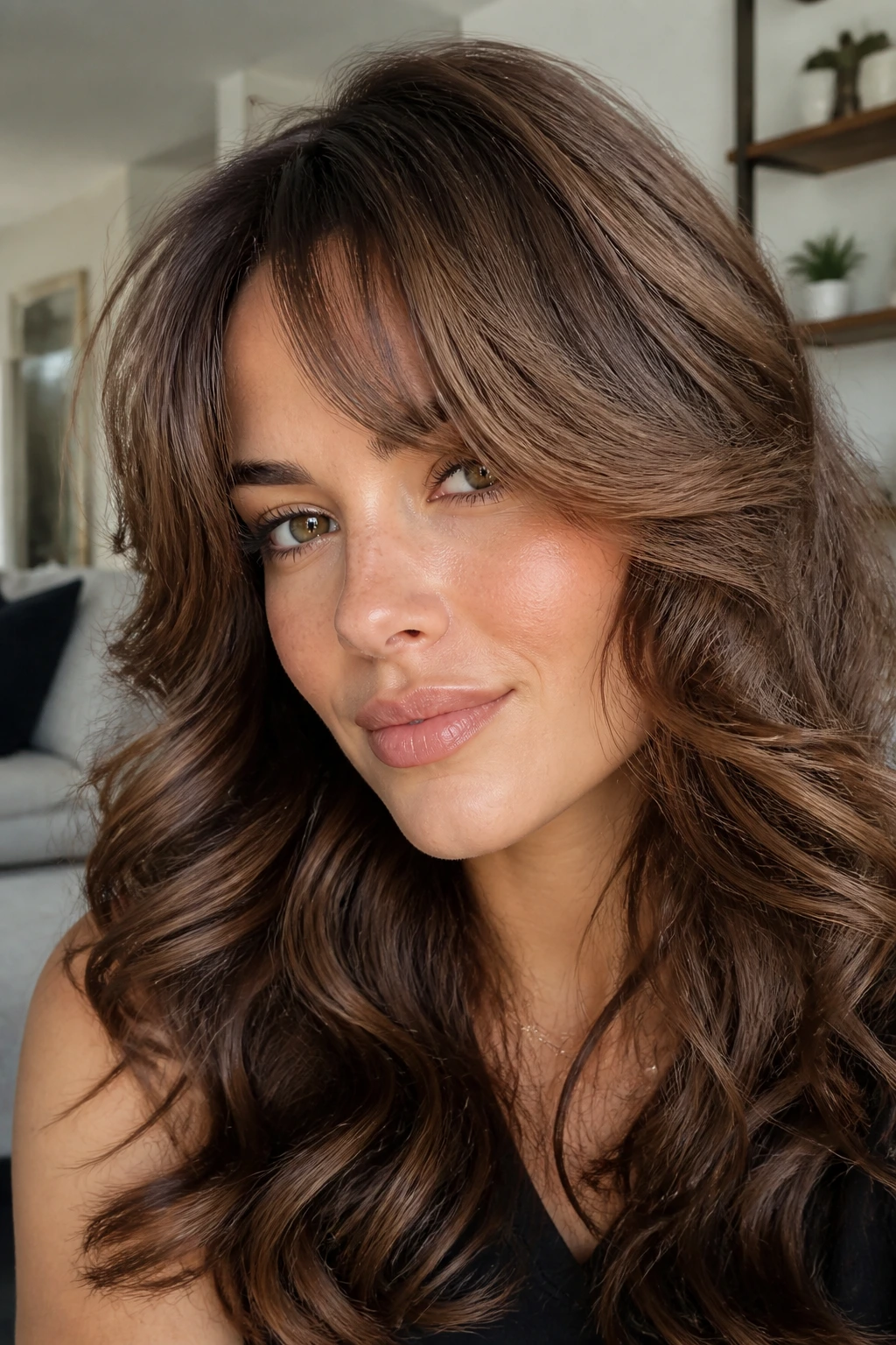 Close-up of romantic loose curls sweeping along cheekbones