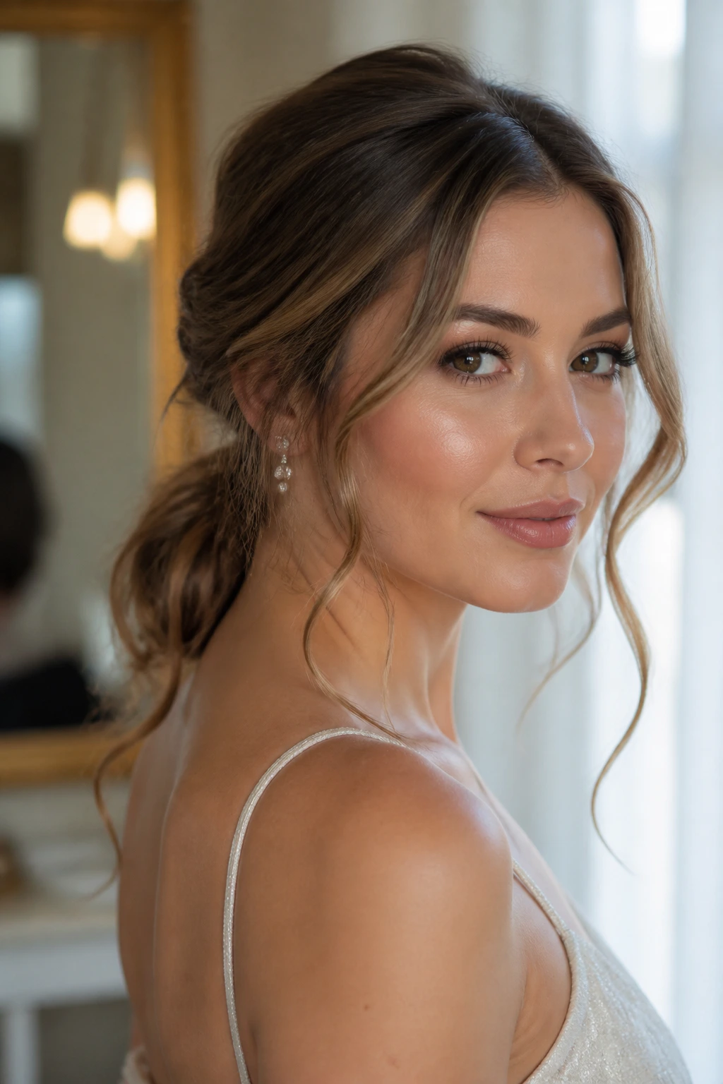 Close-up of a real woman with a romantic low pony and loose tendrils framing the face.