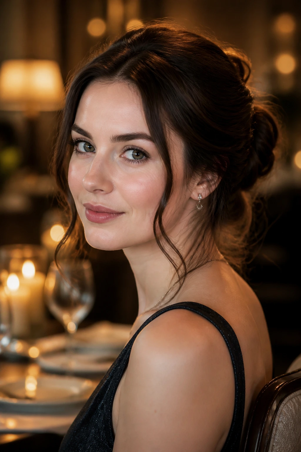 Close-up portrait of a real woman with a romantic mid-length updo and tendrils.