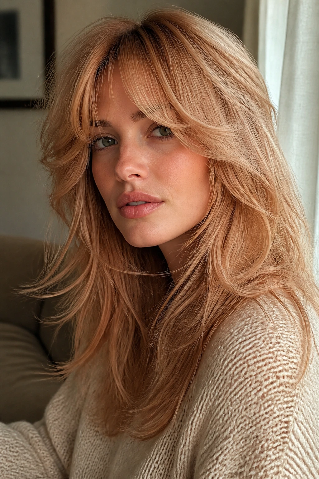Close-up of a real woman with romantic shag featuring cheekbone layers and strawberry blonde color.