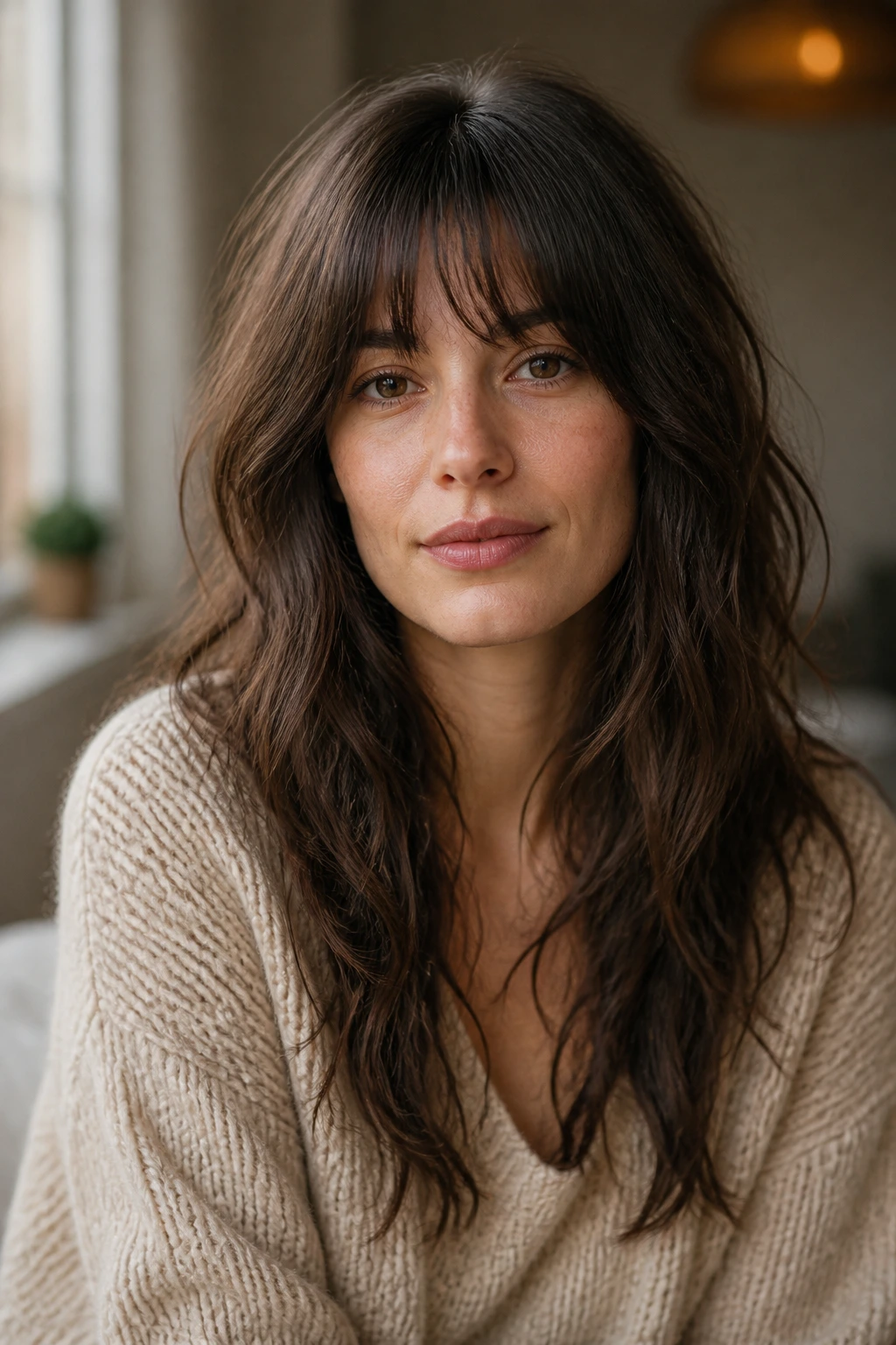 Portrait of a real woman with romantic shag and soft fringe.