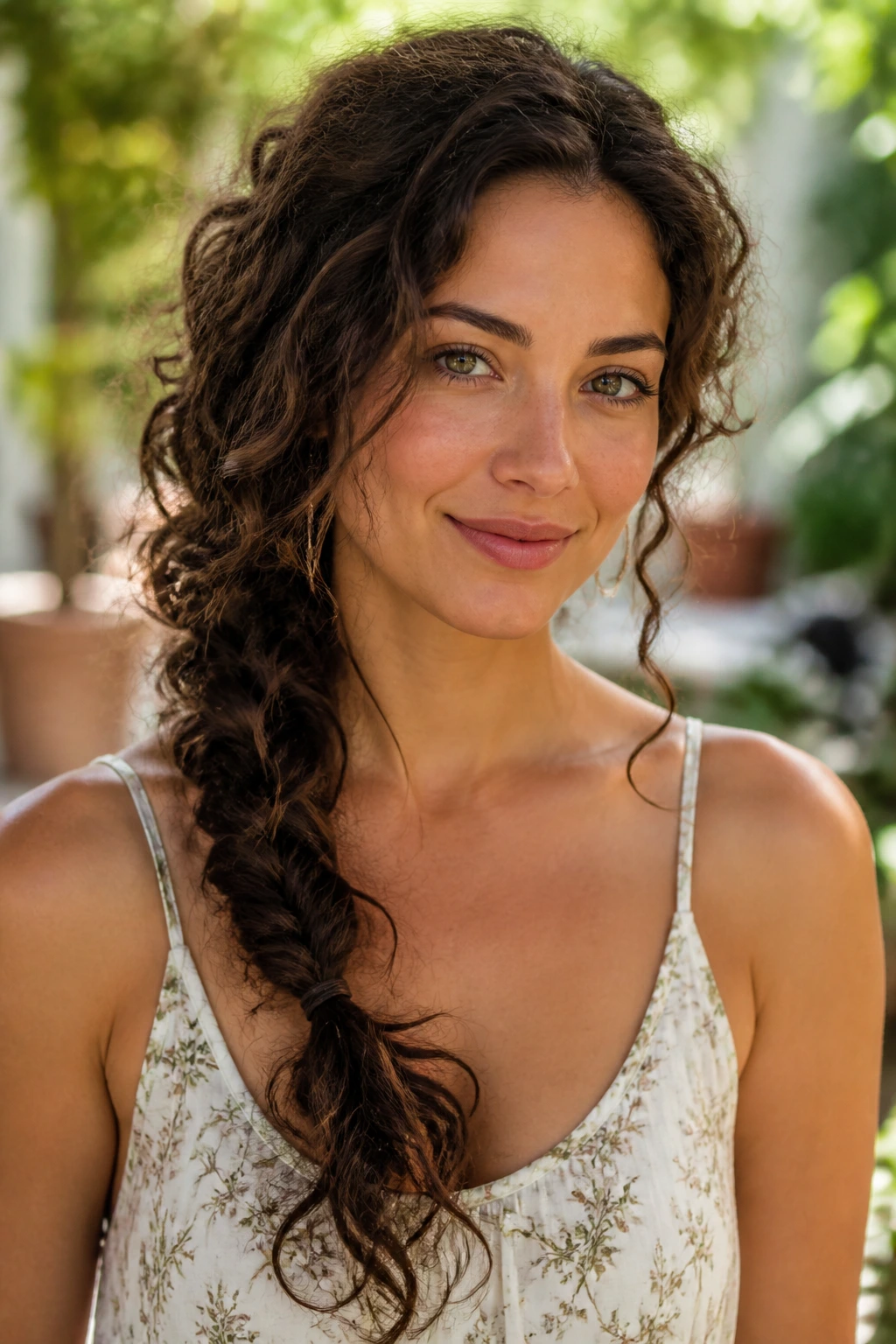 Real woman with romantic side braid and loose curls on heart-shaped face
