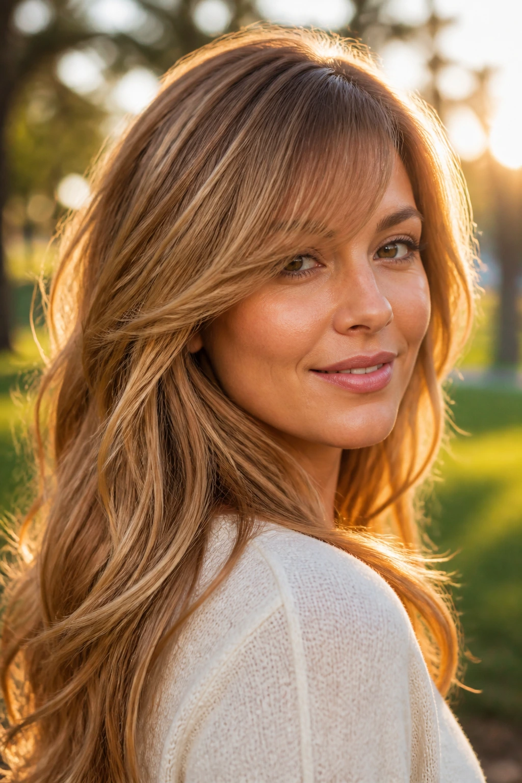 Medium close-up of a real woman with caramel blonde side fringe in golden hour light