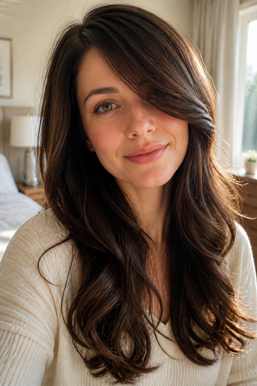 Portrait of a real woman with a romantic side sweep and loose bends along the hair.