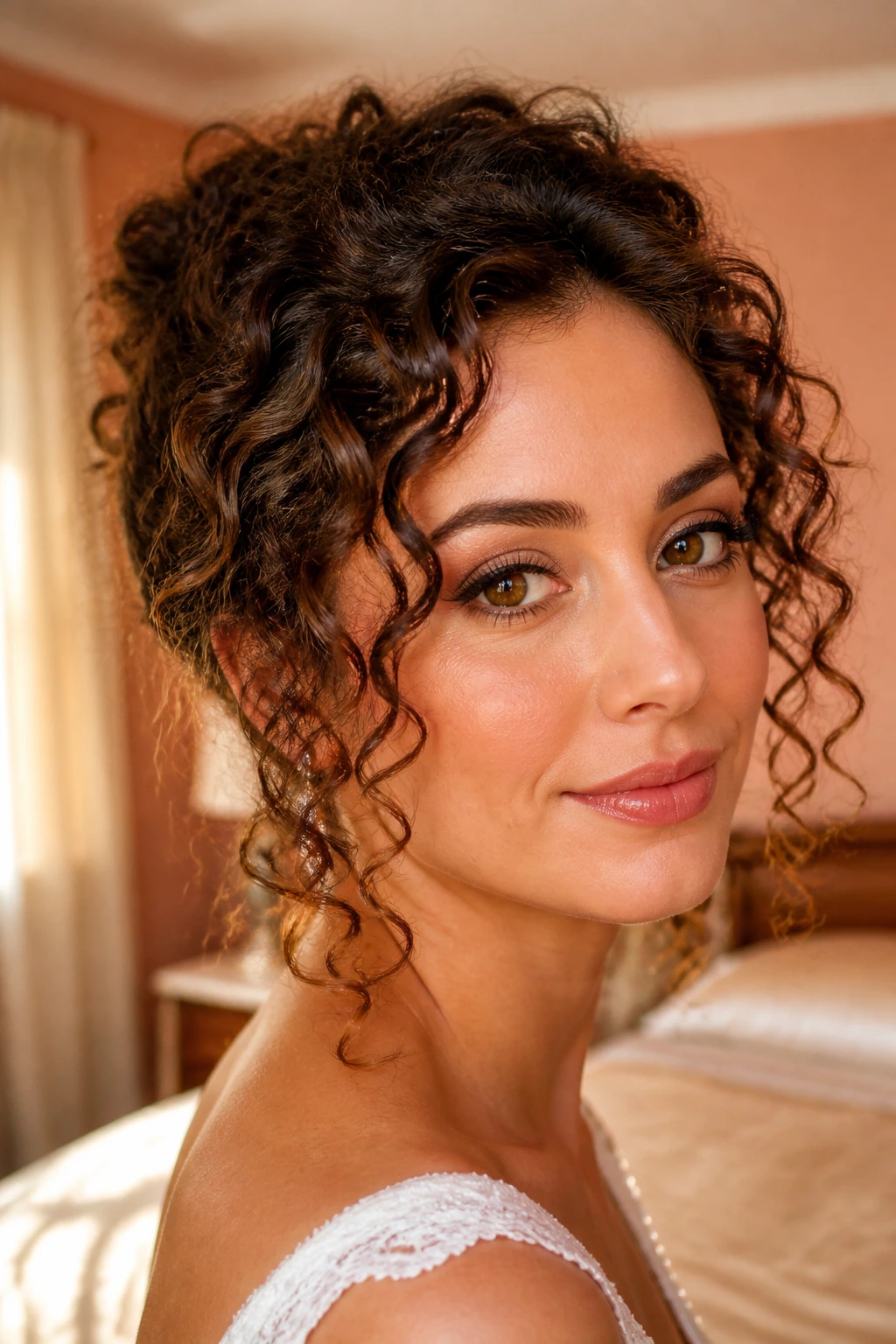 Close-up of a real woman with romantic curly waves in a bridal suite