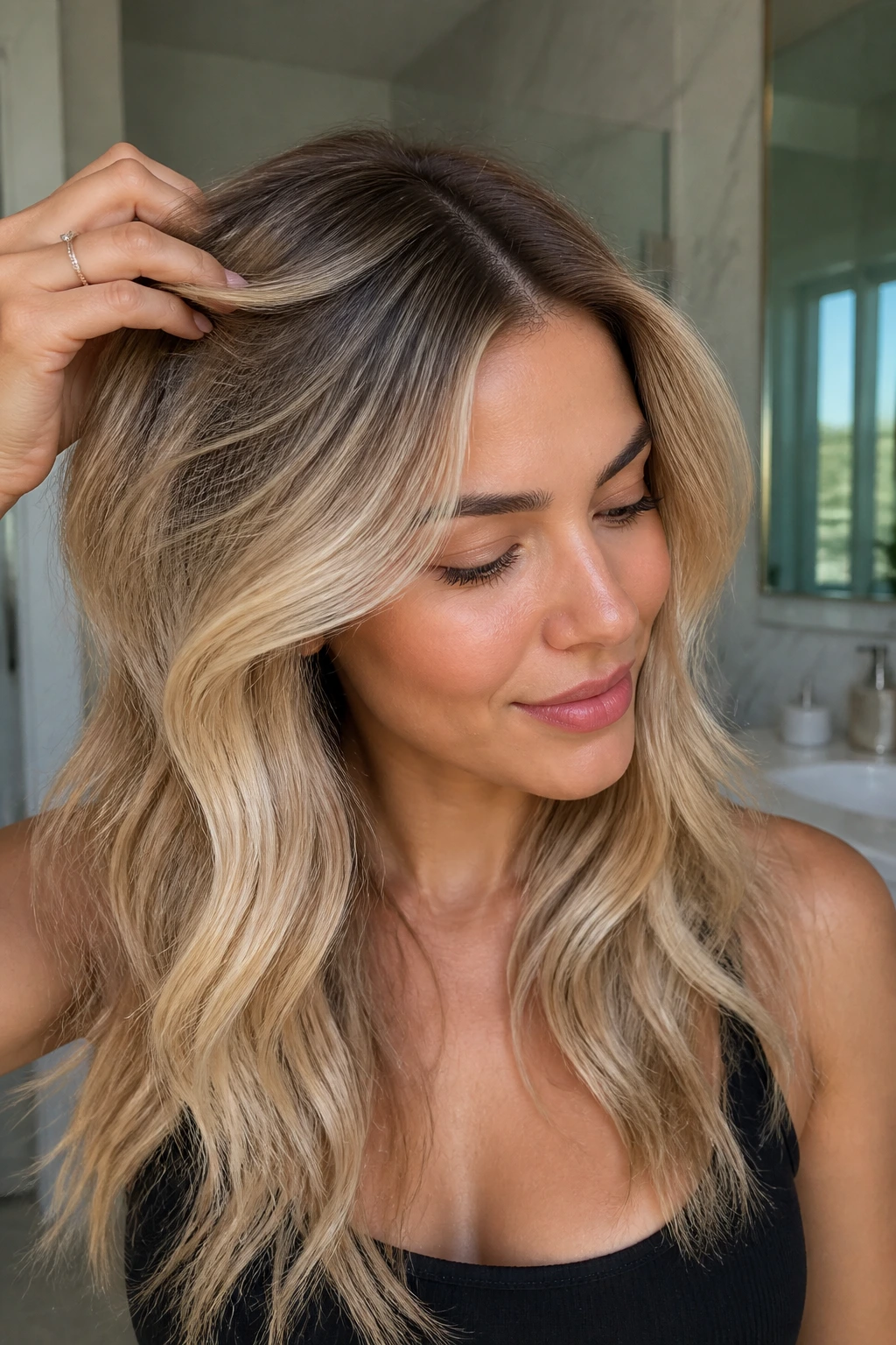 Close-up of a real person with soft root blur and blonde length in a bathroom setting