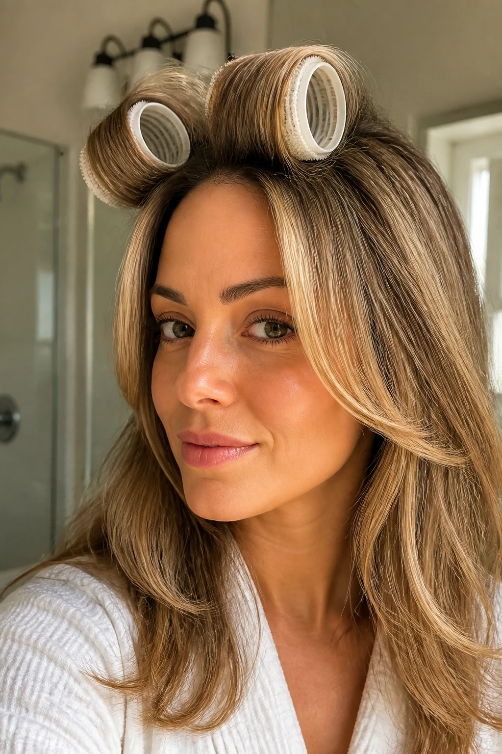 Close-up of a real woman with Velcro rollers in front for a root-boosted blowout.