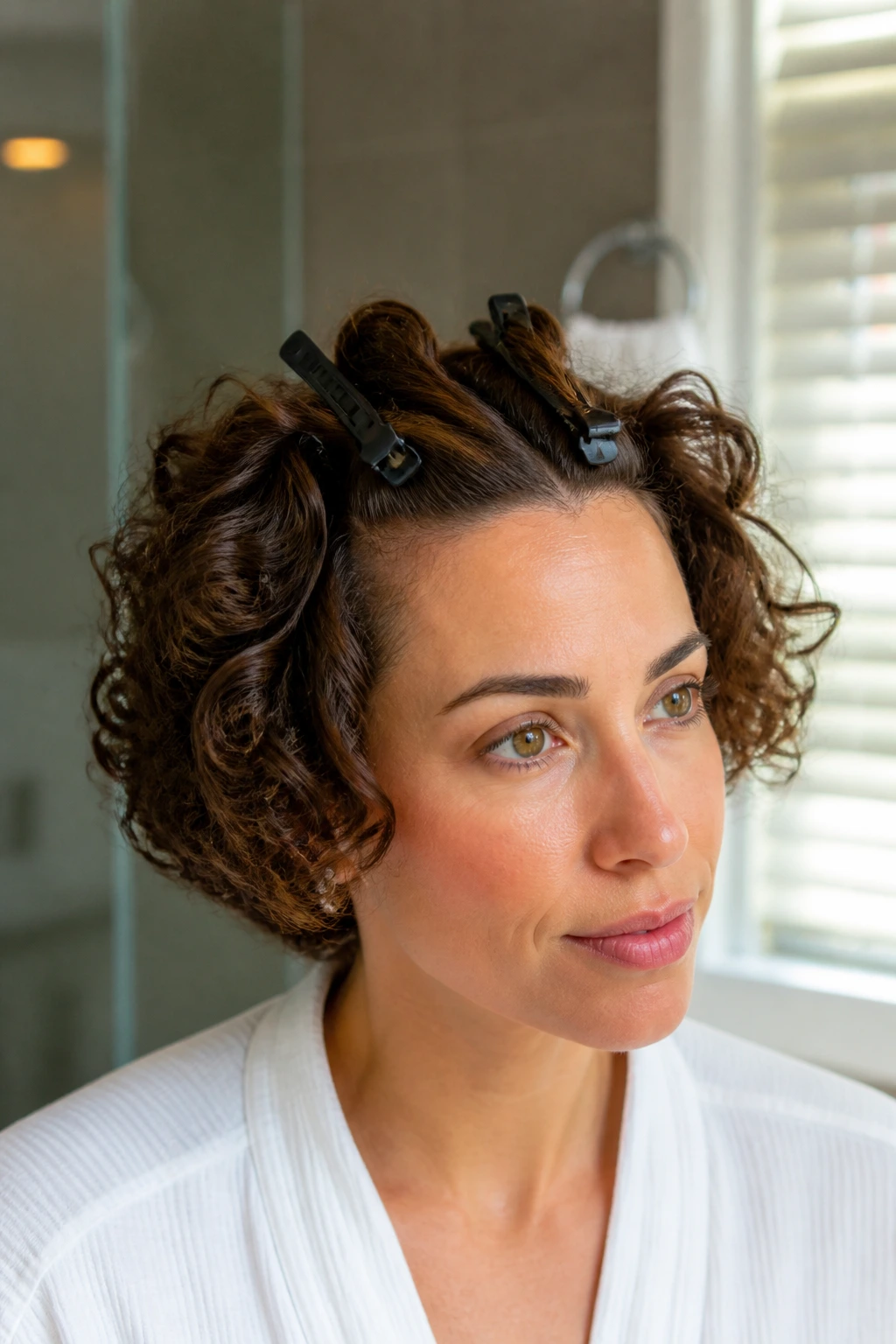 Close-up of a real woman with root clips at the crown during drying to boost volume