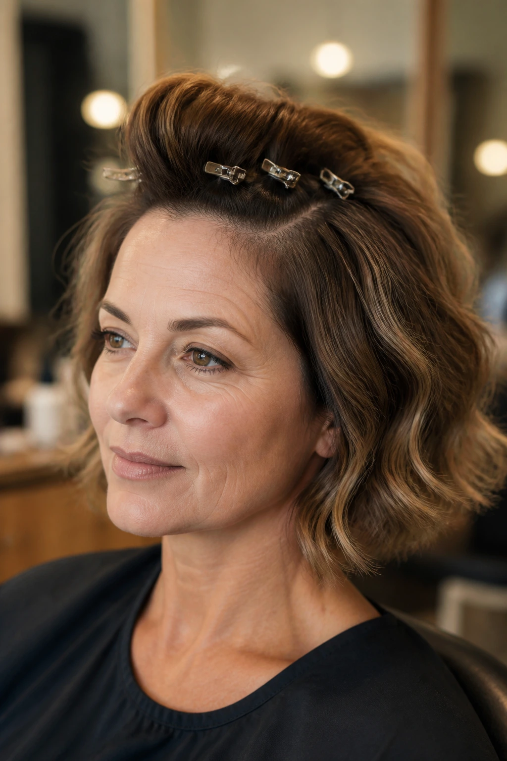 Real woman with crown clips lifting roots for lifted waves