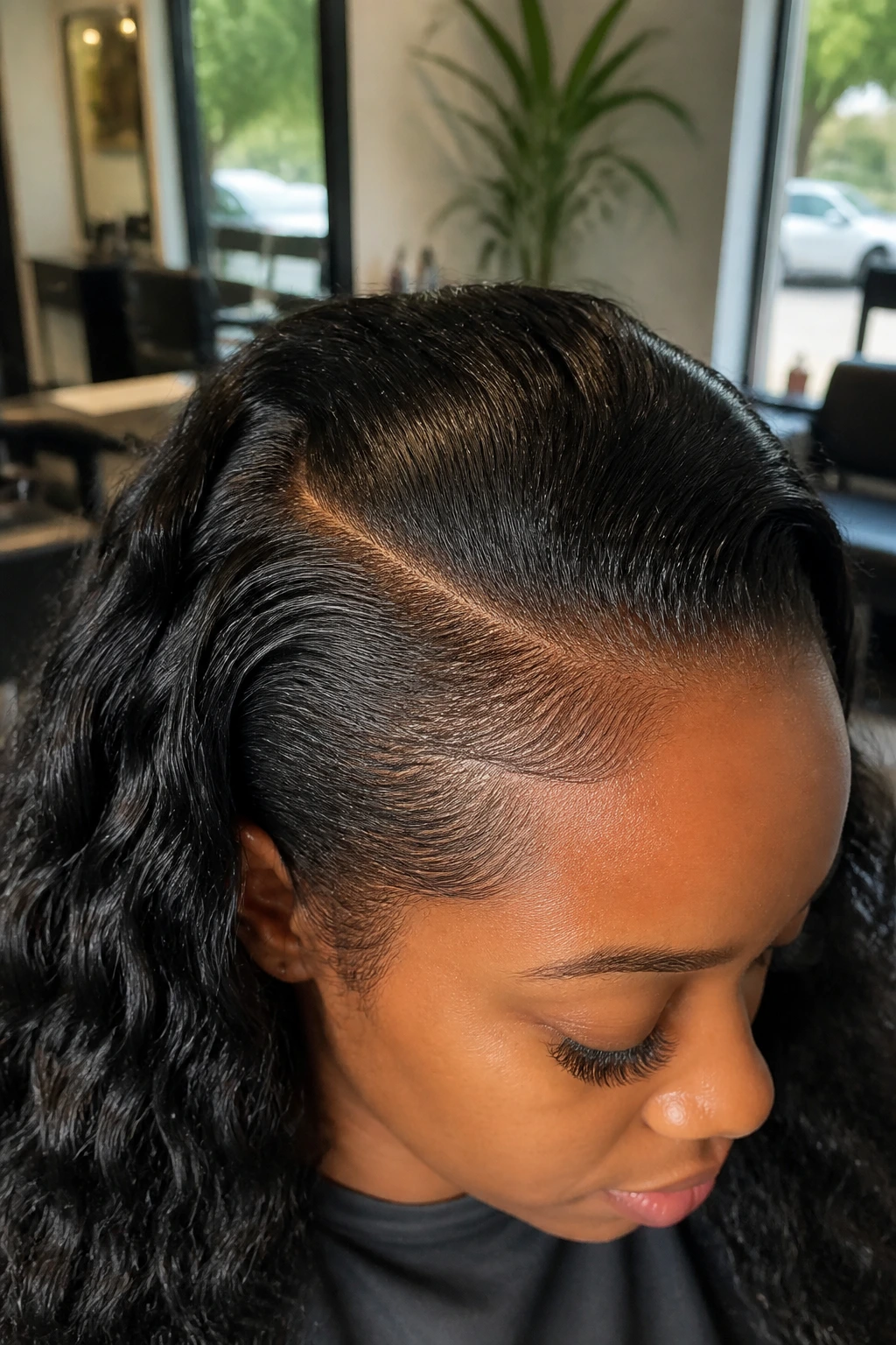 Close-up of a woman's crown with smooth, controlled roots in a salon setting