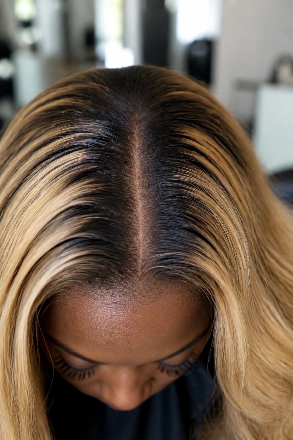 Macro close-up showing root depth in blonde hair on a real person at a salon
