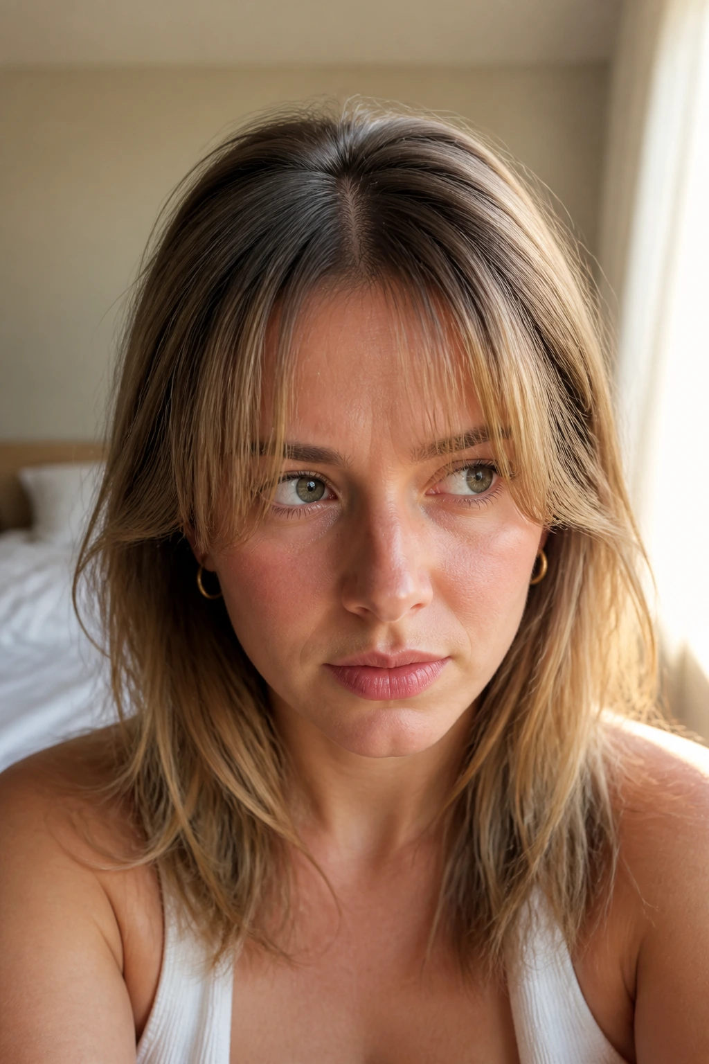 Close-up portrait of a real woman with curtain bangs and flat roots from not using root lift product.