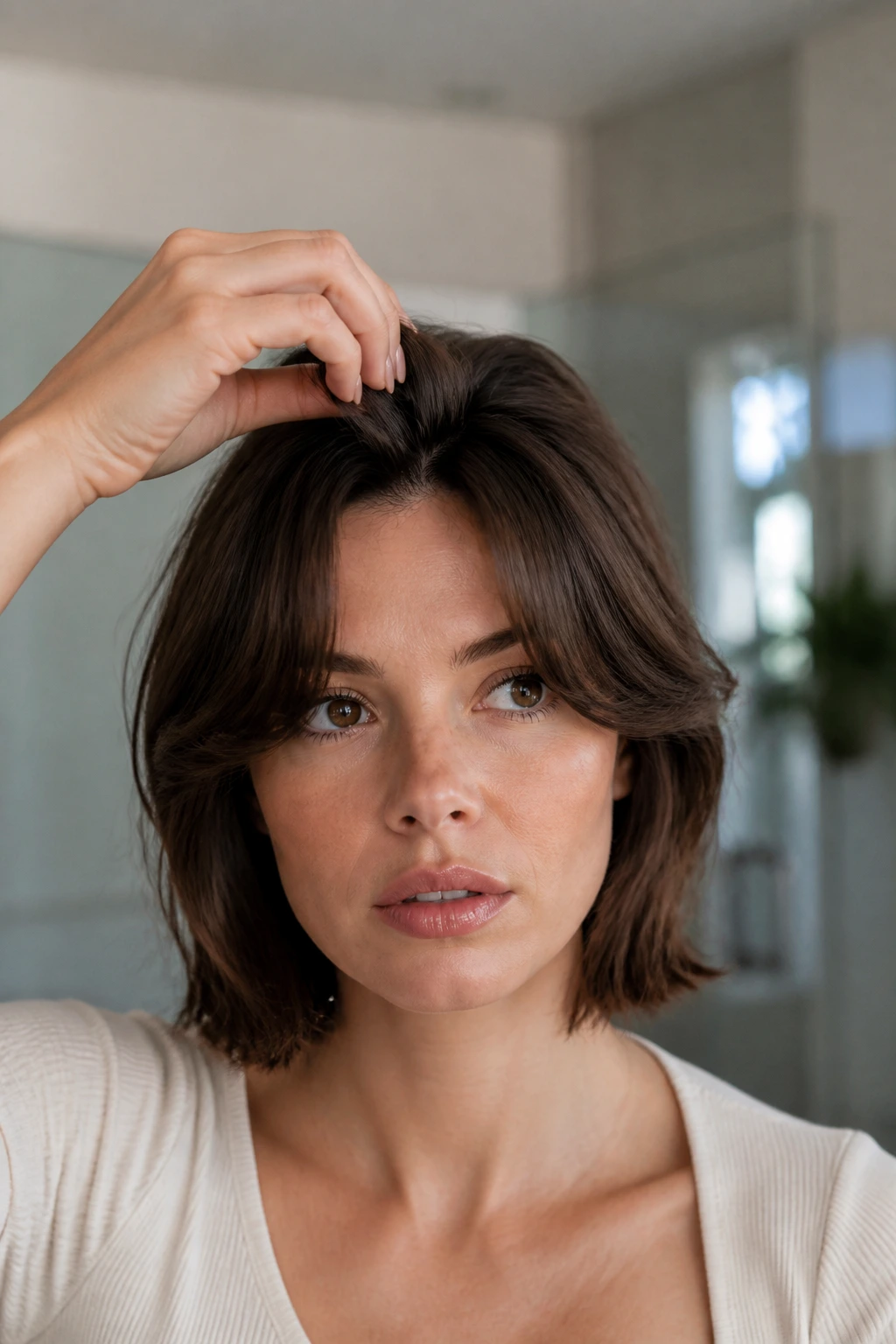 Close-up showing subtle crown lift in bangs being adjusted by hands