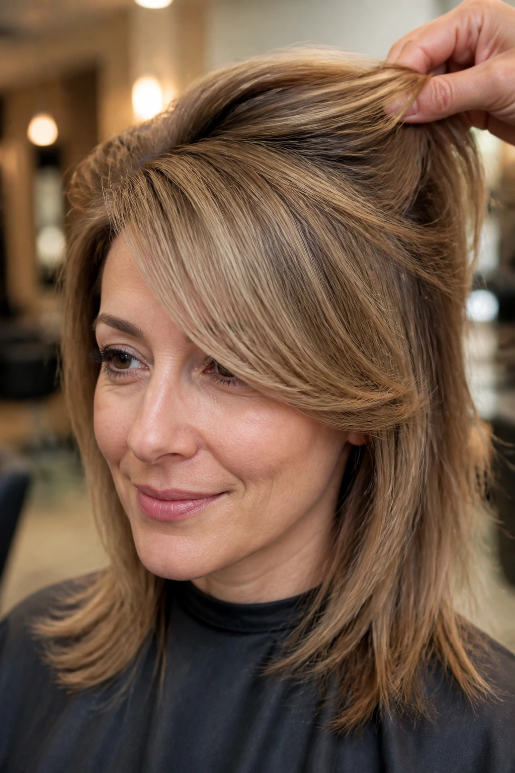 Real woman with root-lifted side-sweep bangs in a salon setting.