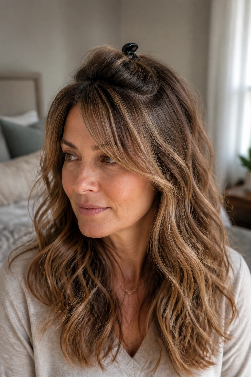 Close-up of a woman with a subtle crown lift in long layered bangs and a hair clip.
