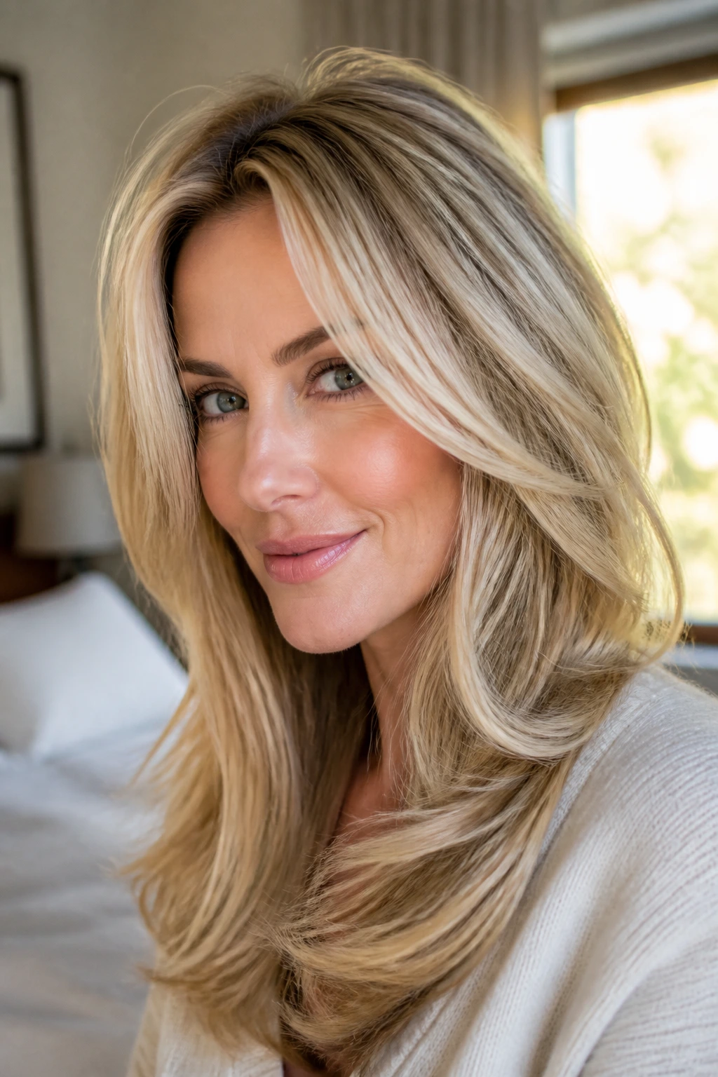 Close-up portrait of a real woman with blonde thick hair showing root lift, bent front pieces, and polished ends in warm window light