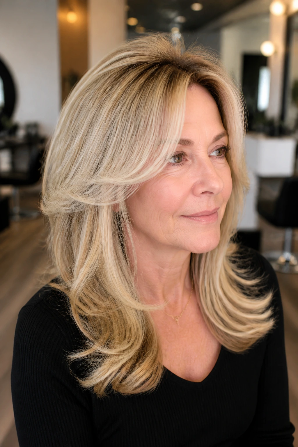 Close-up portrait of a real woman with root-lifted blowout layers and curtain bangs.