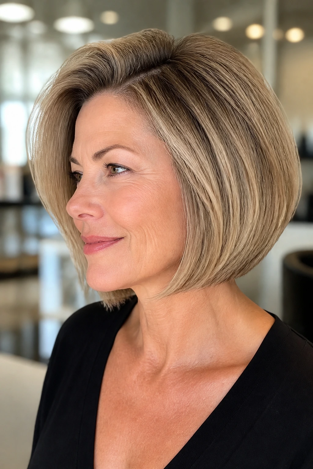 Close-up of a real woman with a root-lift blowout bob in a bright salon alcove