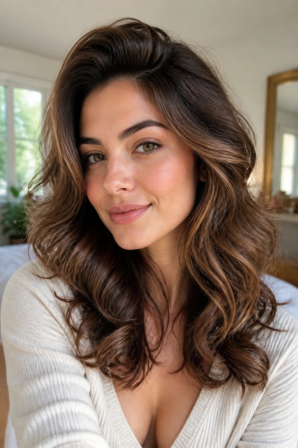 Real woman with airy root-lift blowout curls in sunlit room.