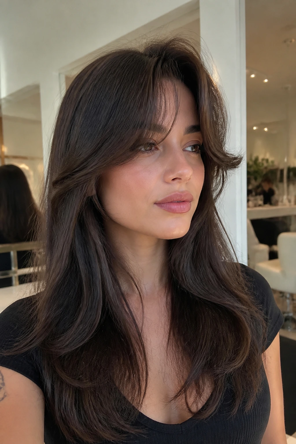 Close-up of real woman with root-lift blowout fringe.