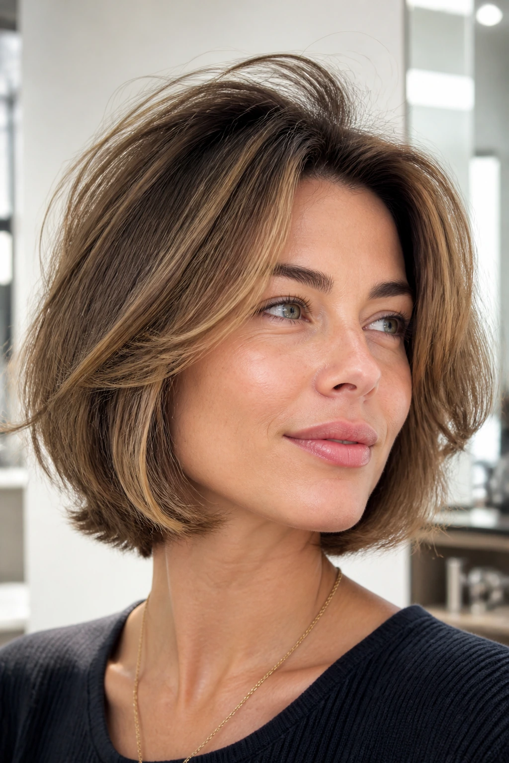 Portrait of a real woman with root-lift blowout boyfriend bob in bright light