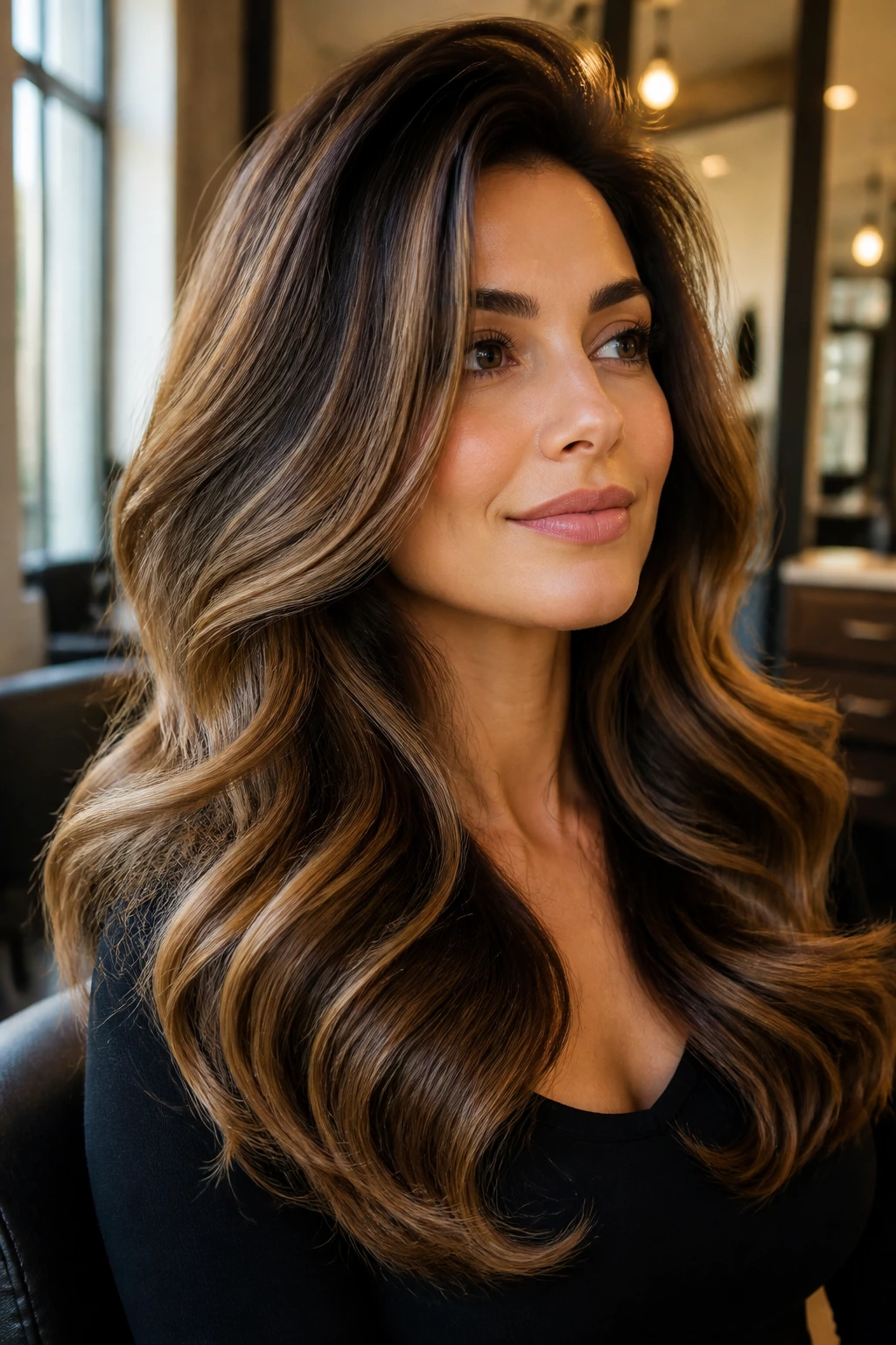 Real woman with root lift and blown-out waves in thick hair