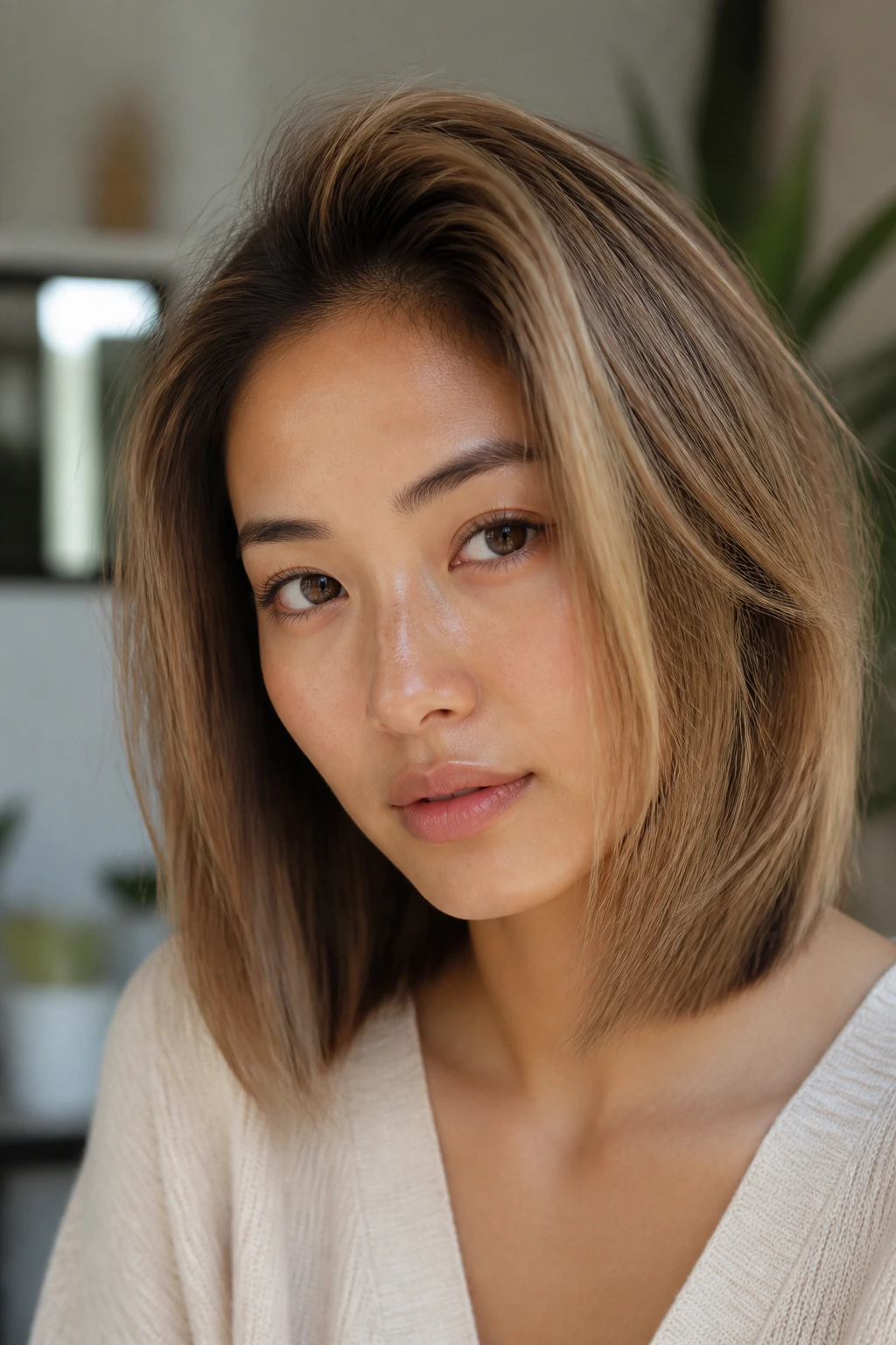 Real person demonstrating root lift and blunt perimeter for fuller-looking fine hair